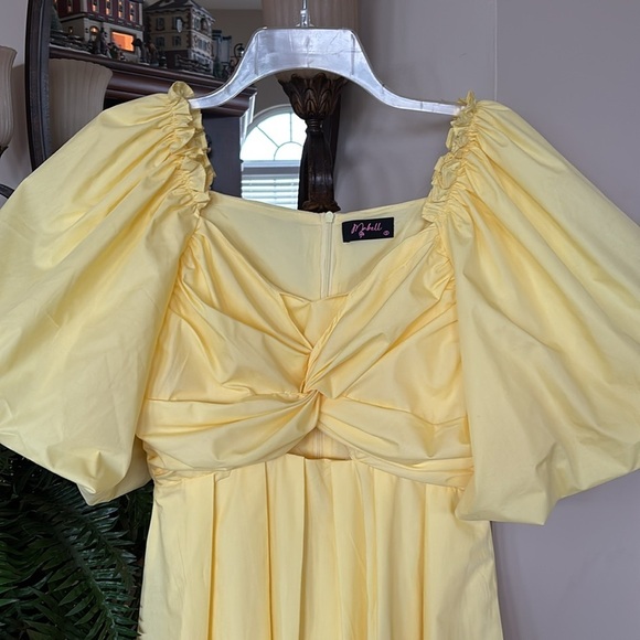Vintage MABELL NWOT Yellow Puff Sleeves Mini Dress Cutout Gathered Ruched Spring - Picture 2 of 14